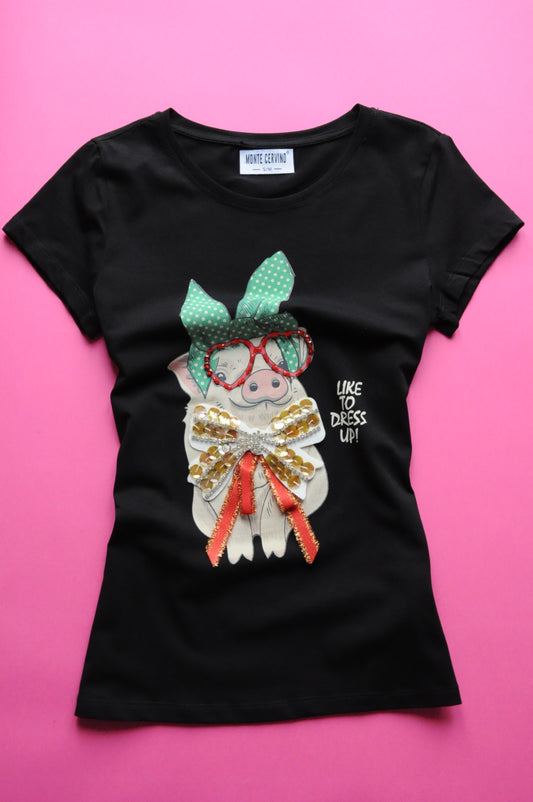 Black printed pig t-shirt with 3D details