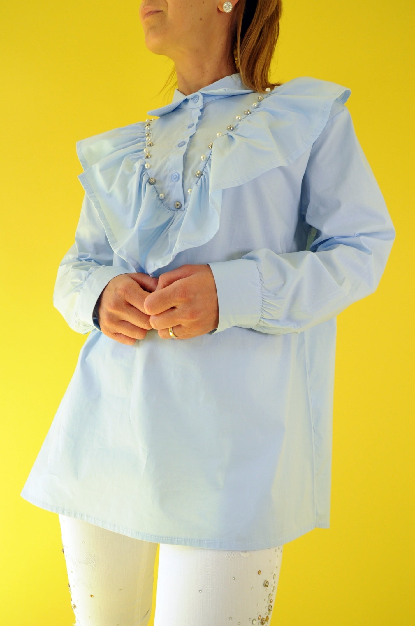 Crystal embellished Baby blue ruffle oversize shirt