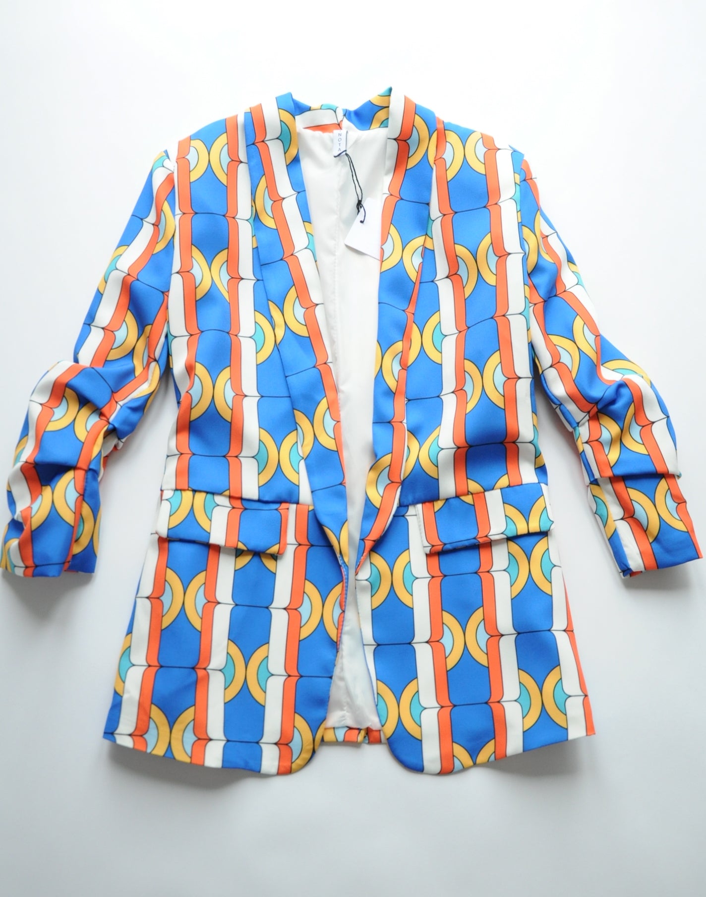 Vibrant 70's vibes printed oversized blazer blue