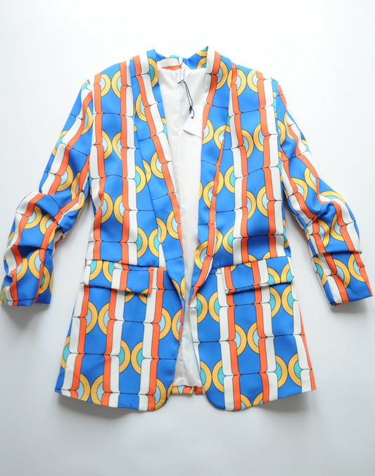 Vibrant 70's vibes printed oversized blazer blue