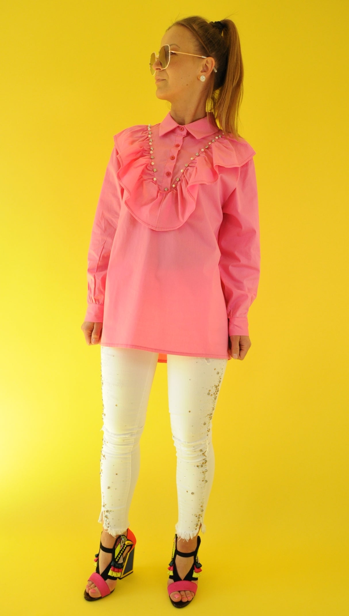 Crystal embellished pink ruffle oversize shirt