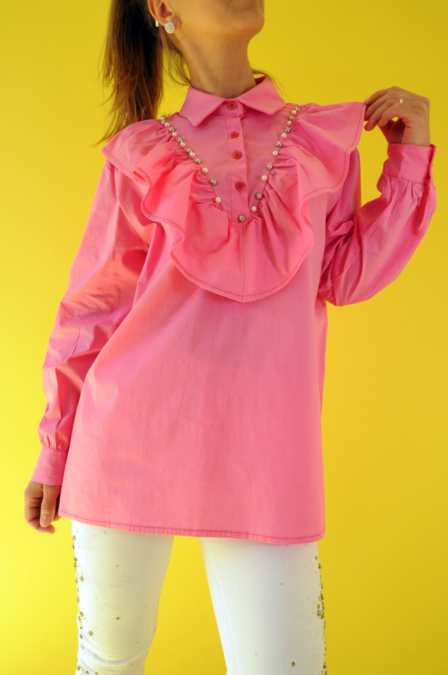 Crystal embellished pink ruffle oversize shirt