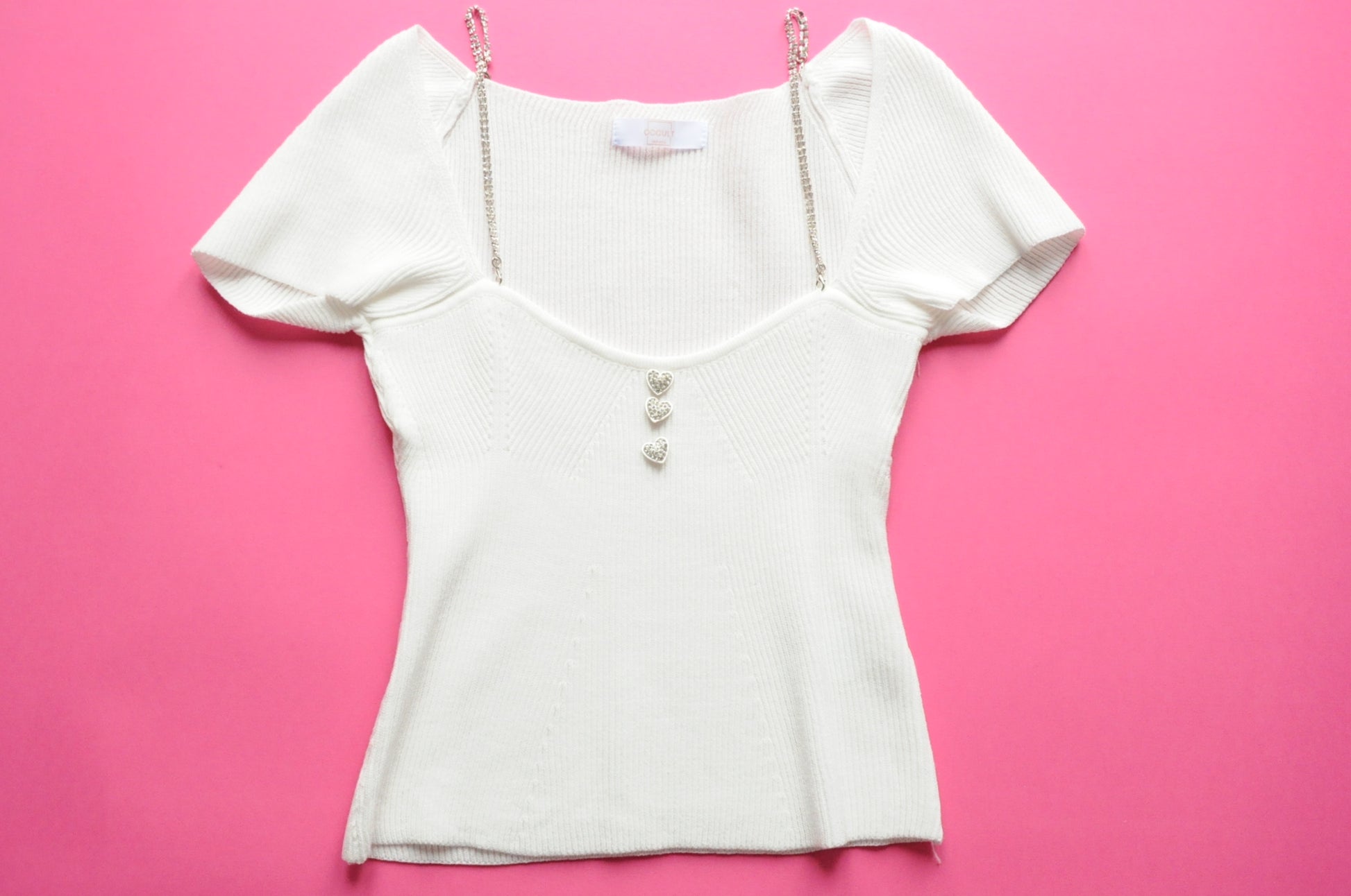 White corset shape detail crop top with gem chain stripes