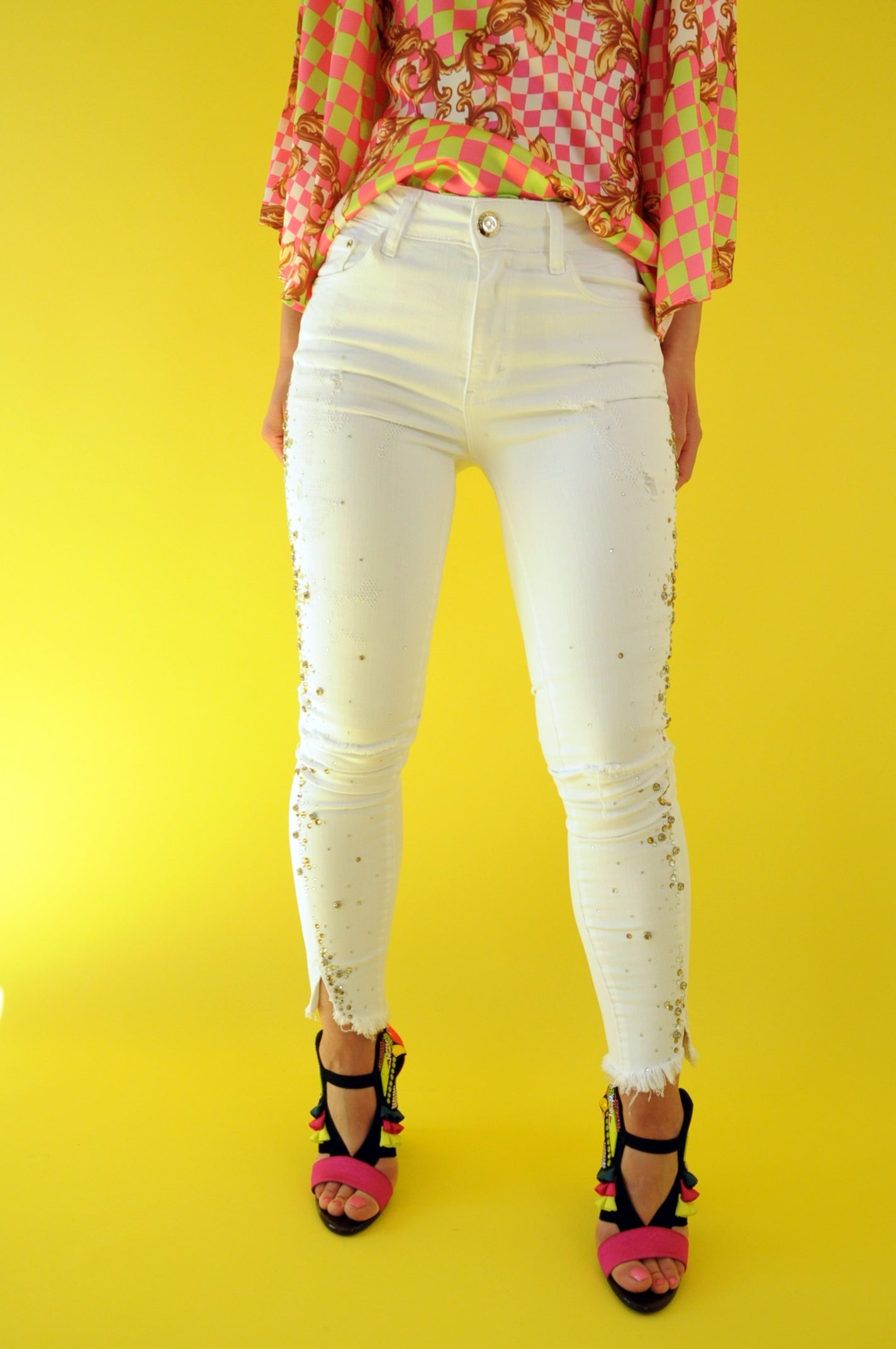 Crystal-embellished white mid-rise skinny jeans