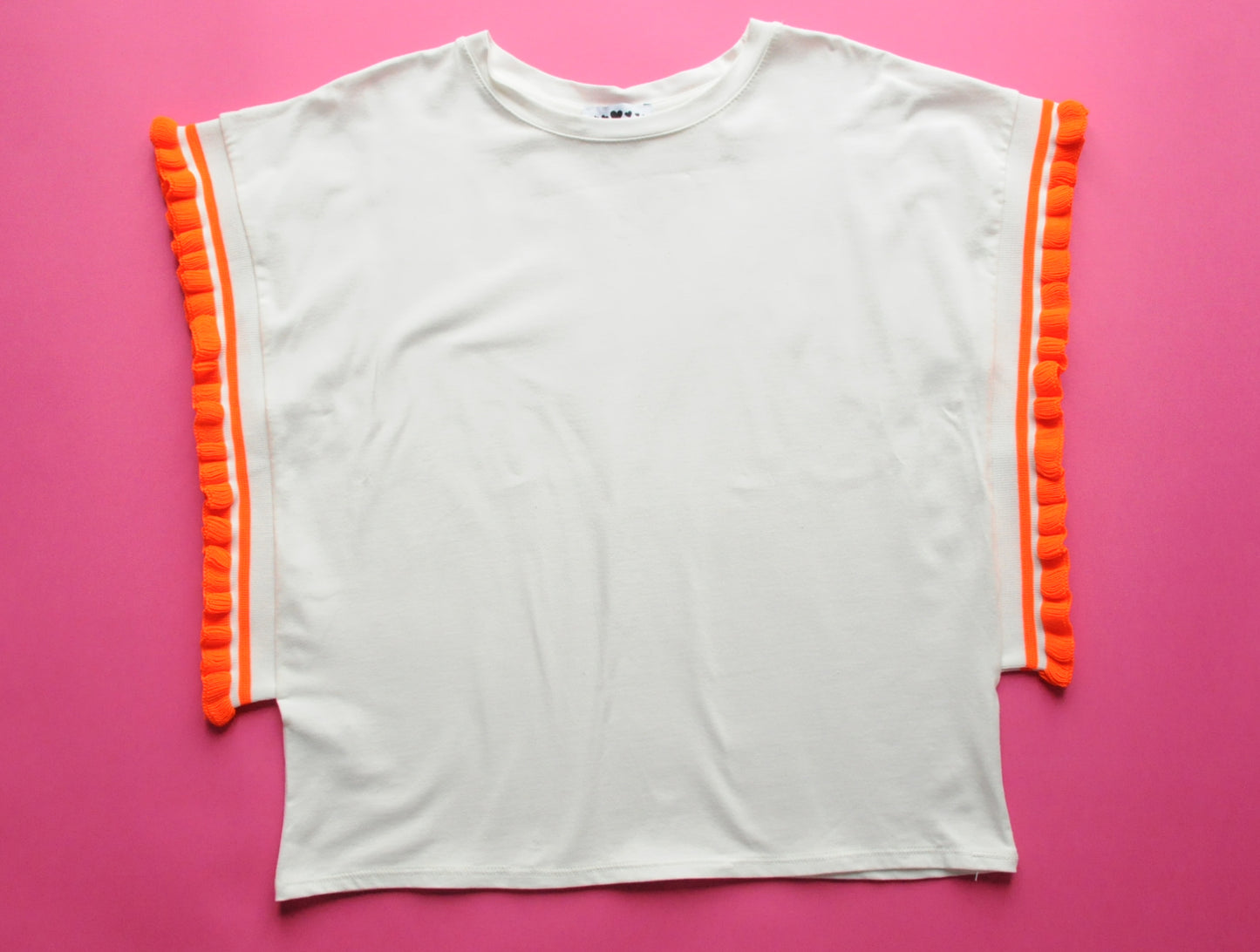 Cream soft cotton tee with extreme knit frill orange sleeves