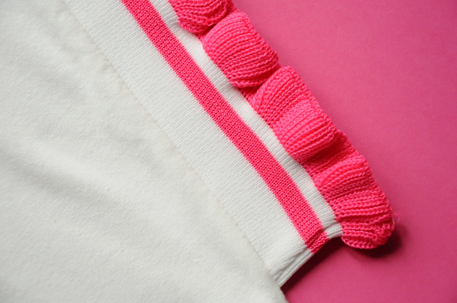 Cream soft cotton tee with extreme knit frill pink sleeves