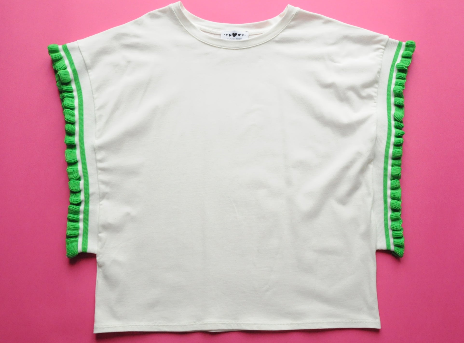 Cream soft cotton tee with extreme knit frill green sleeves