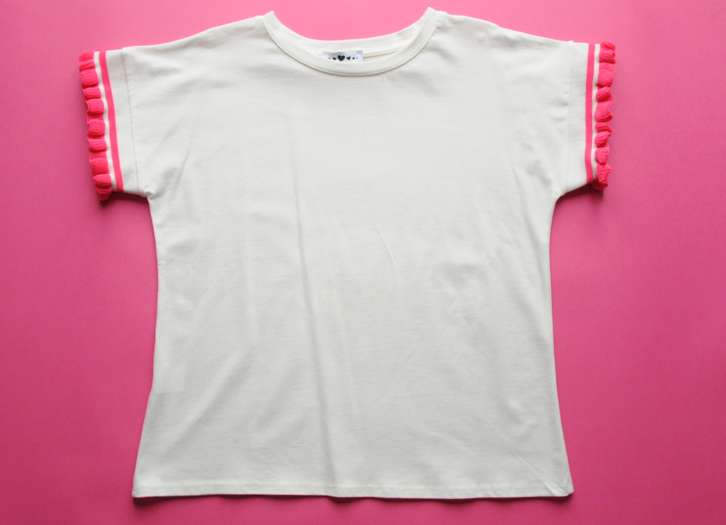 Cream soft cotton tee with pink knit frill sleeves