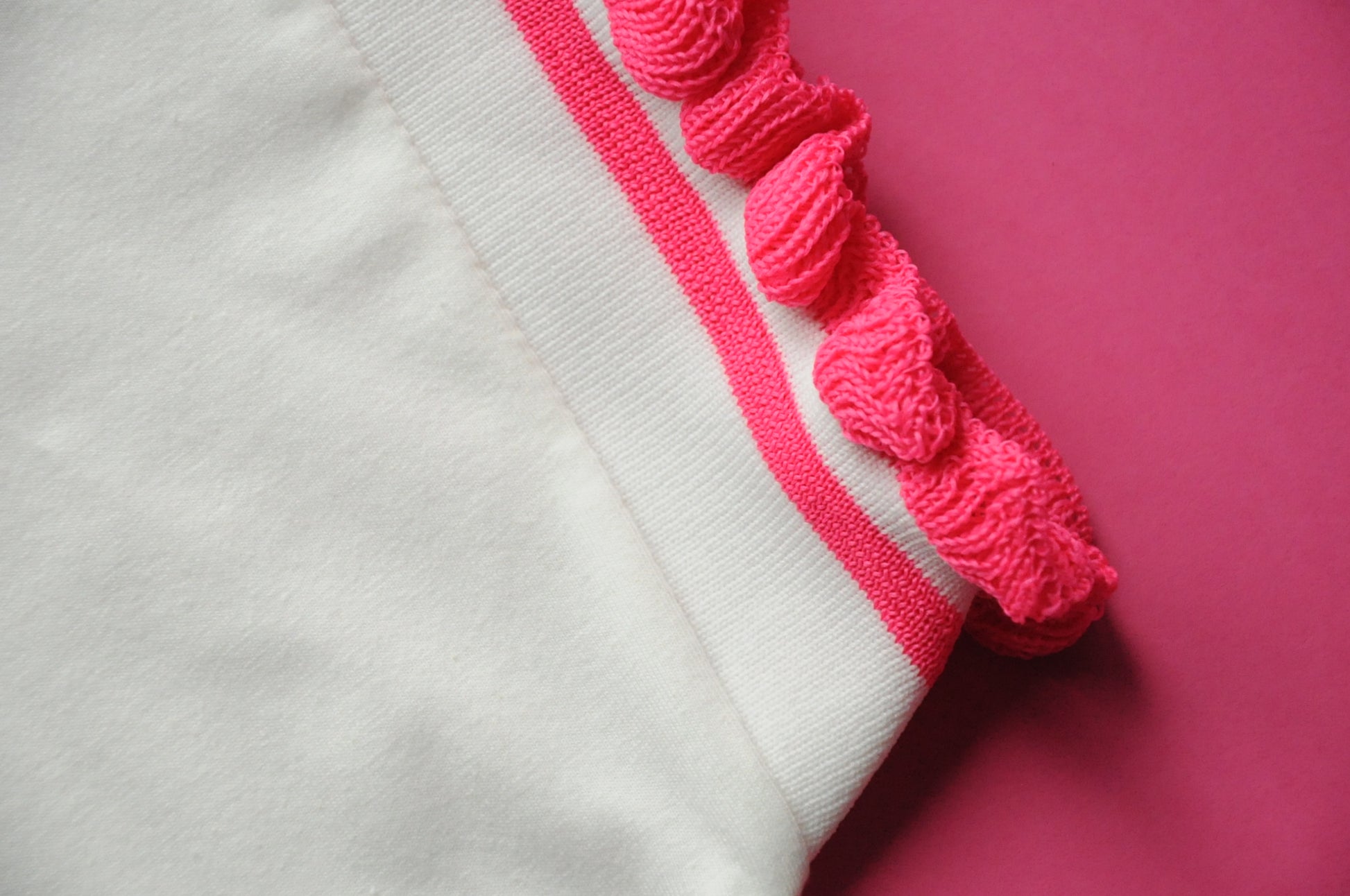 Cream soft cotton tee with pink knit frill sleeves