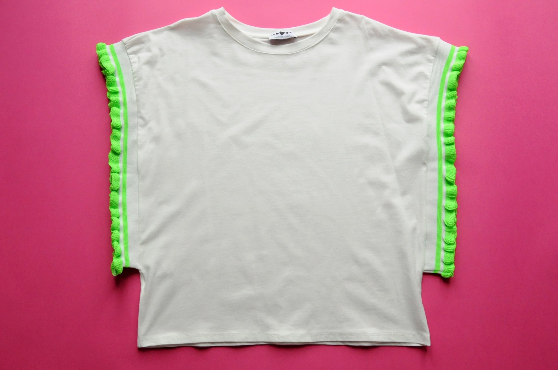 Cream soft cotton tee with extreme knit frill neon green sleeves