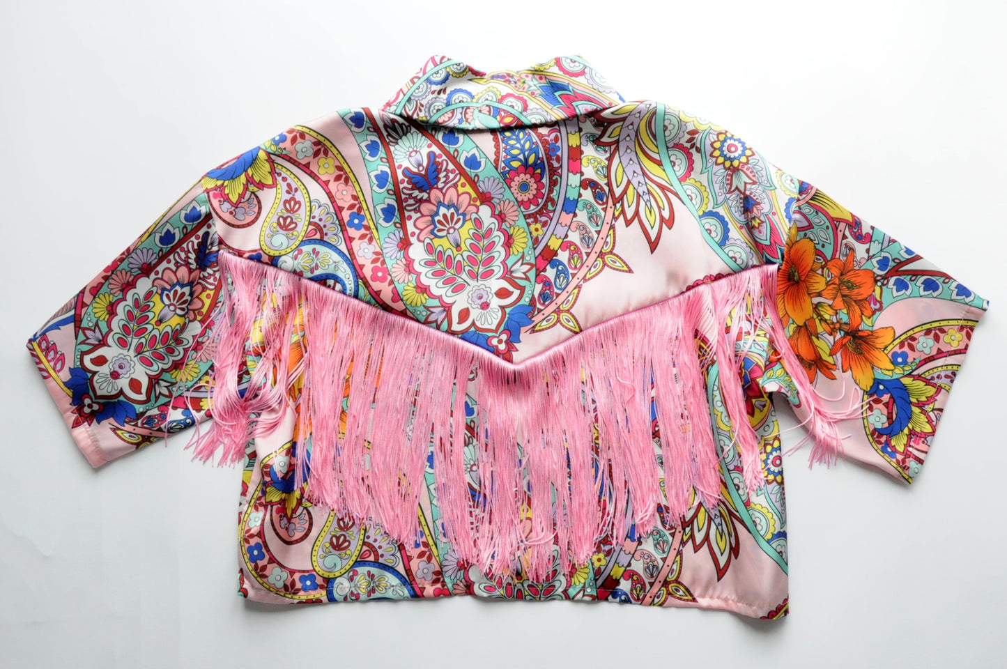 Floral collared satin crop blouse / jacket with back fringe