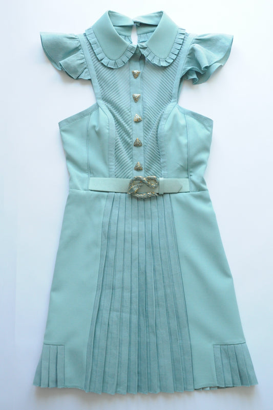 Pale teal belted pleated shirt dress