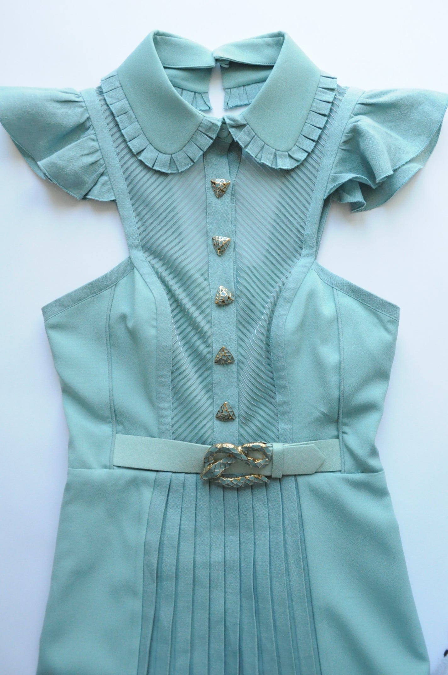 Pale teal belted pleated shirt dress