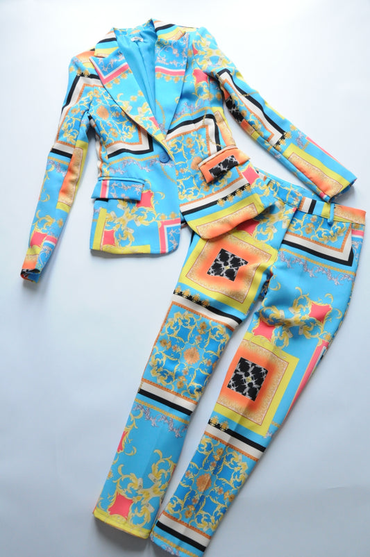 Barocco Goddess print blue tailored women's suit