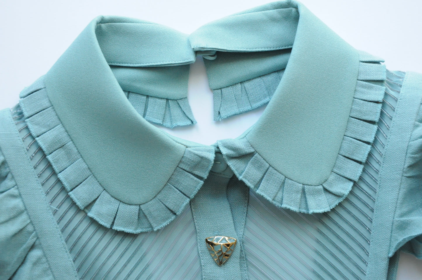 Pale teal belted pleated shirt dress