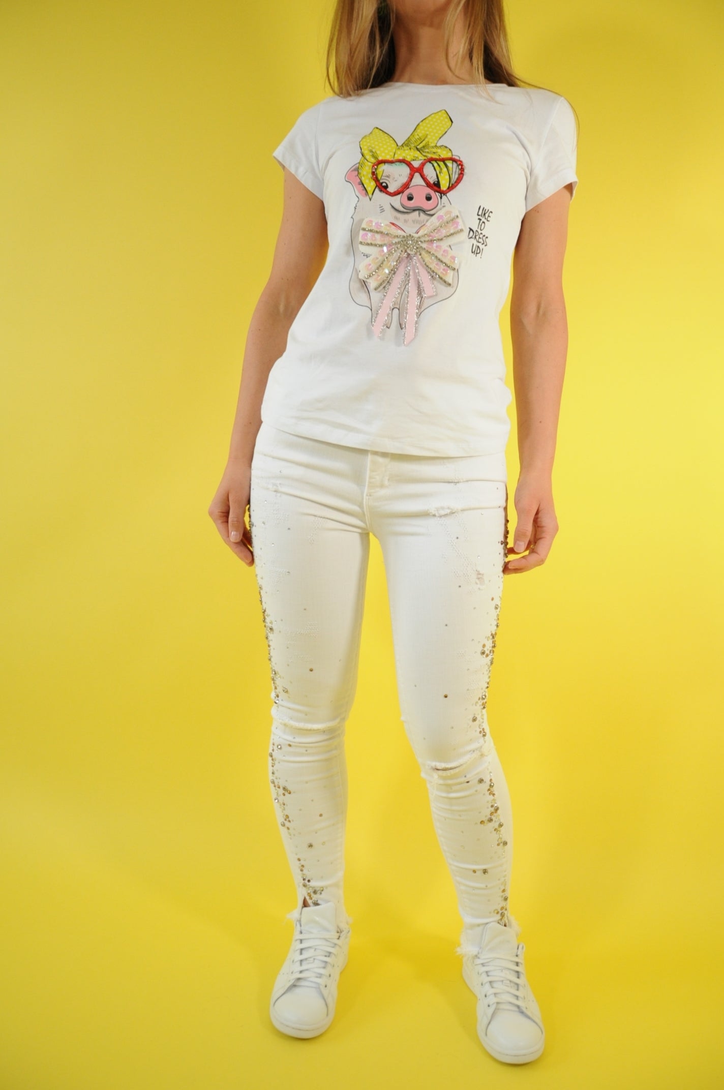 Crystal-embellished white mid-rise skinny jeans