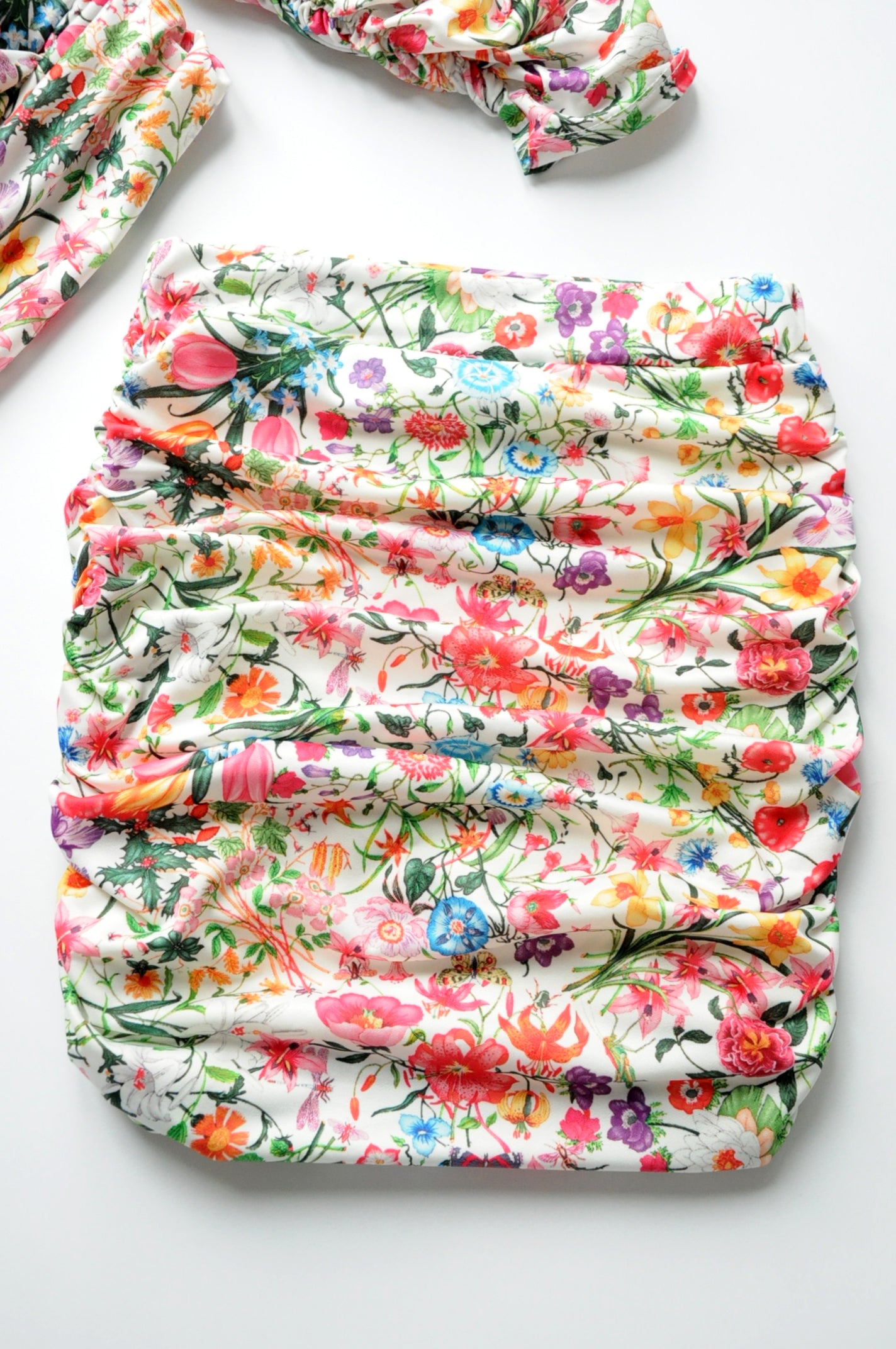 Modern floral print ruched skirt and crop top co-ord