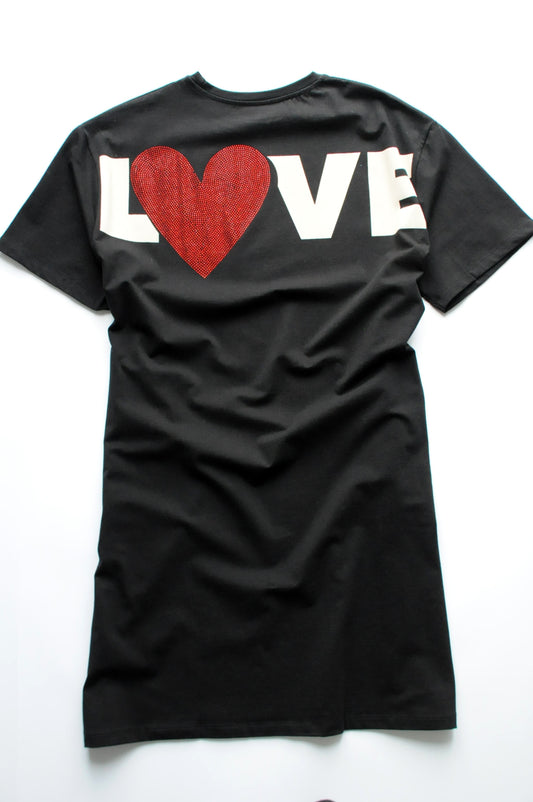 Crystal-embellished heart black T-shirt dress