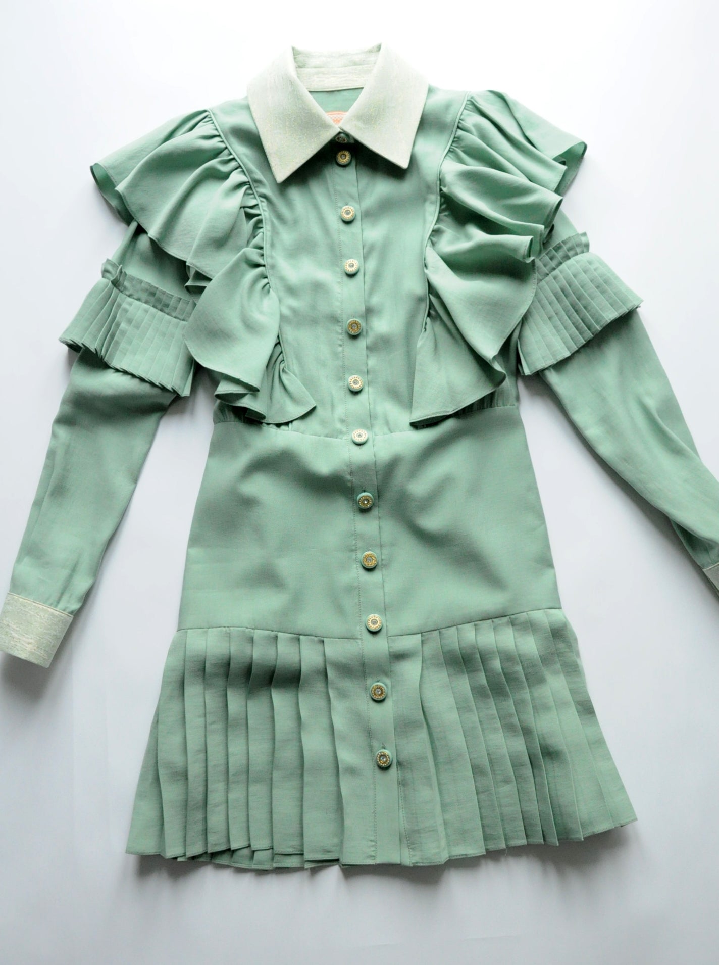 Pale teal button-embellished pleated shirt dress