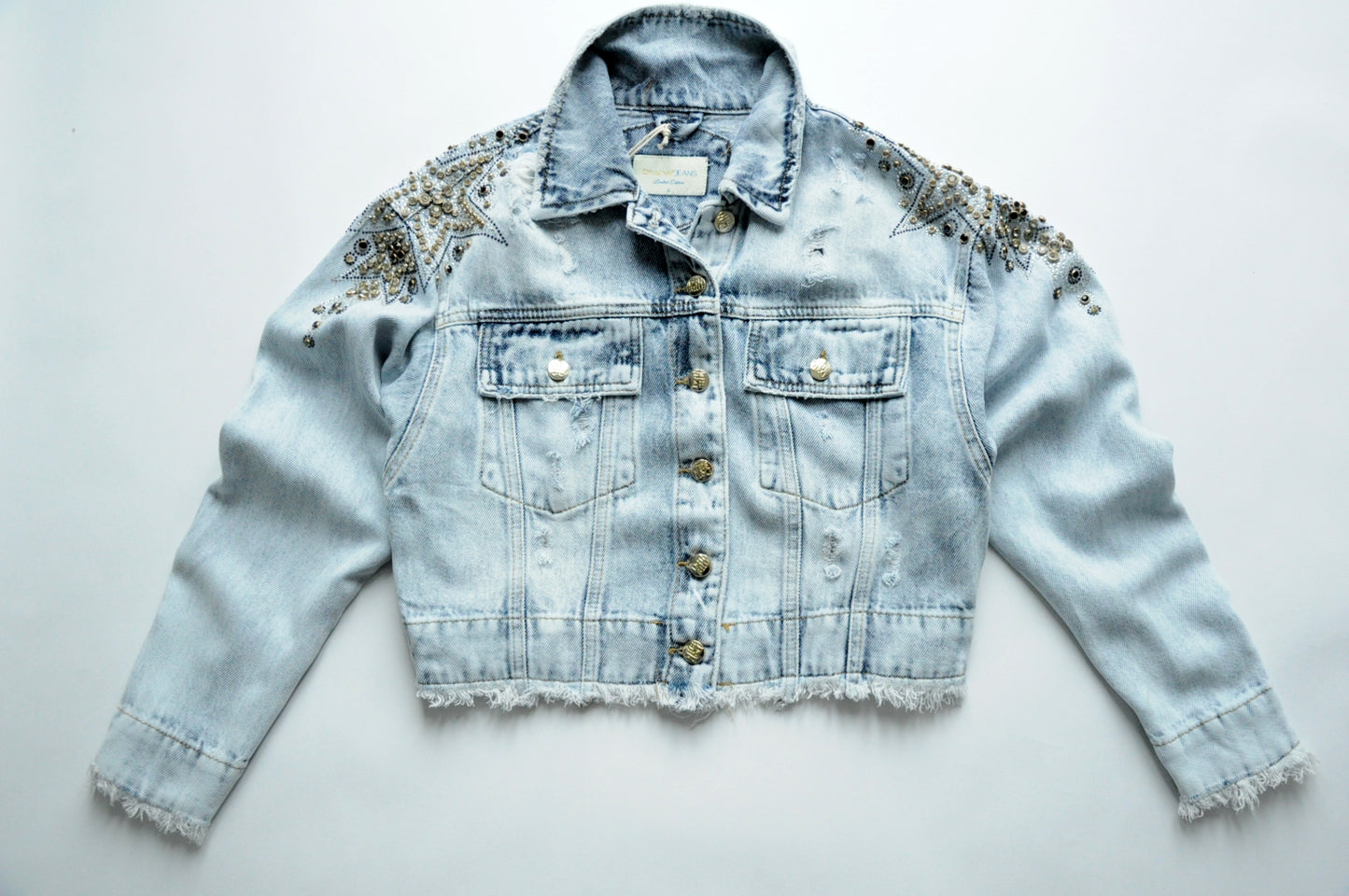 Crystal-embellished cropped denim jacket