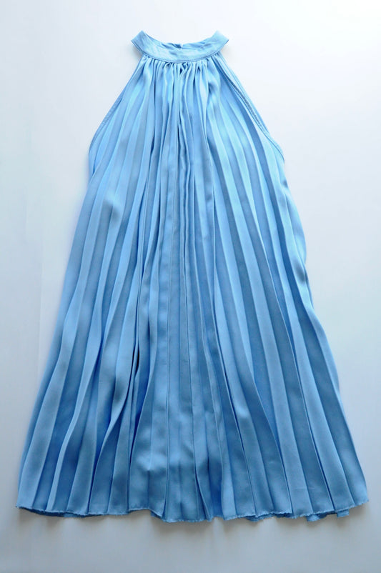 Sky blue pleated satin swing dress