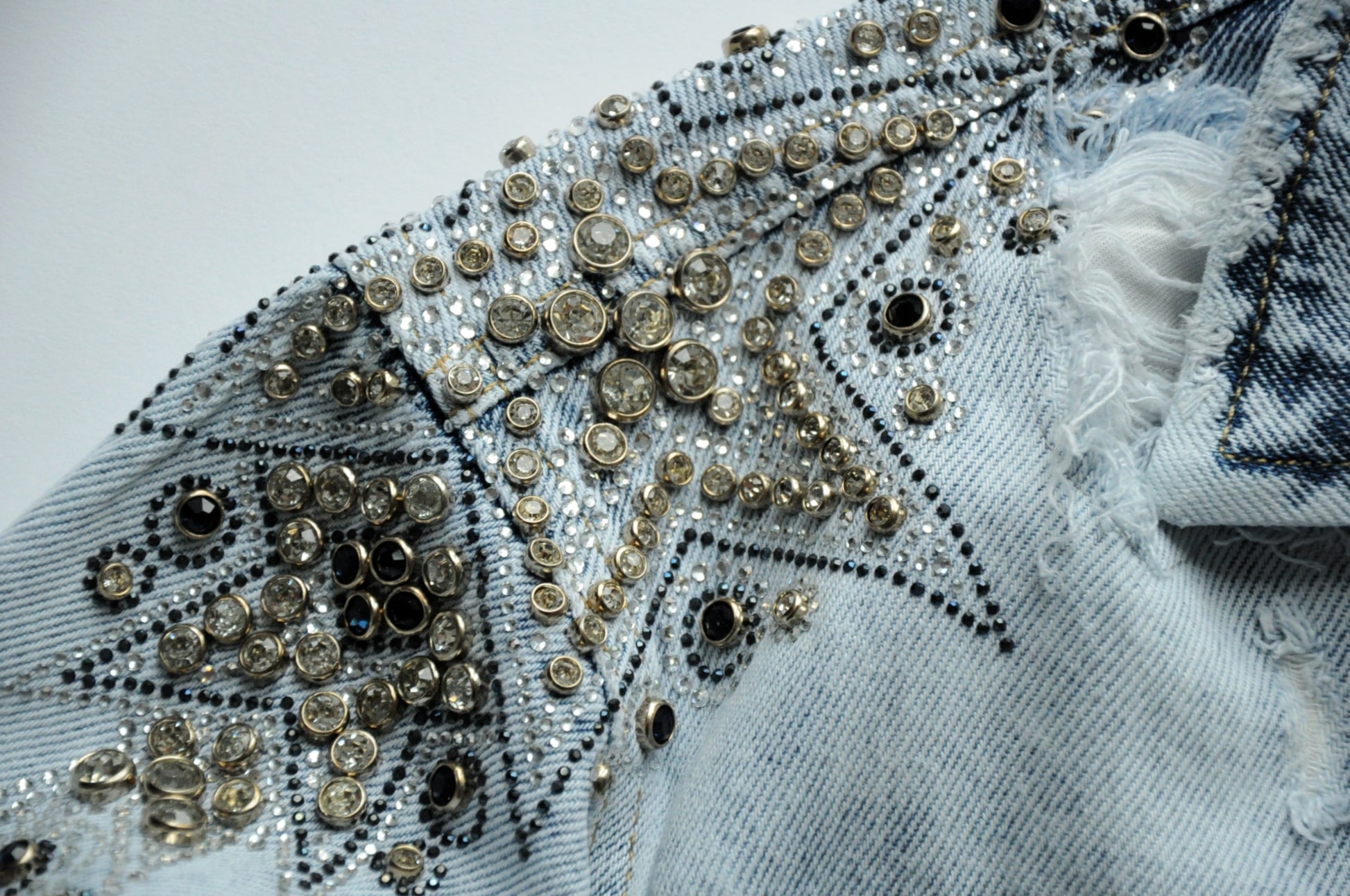 Crystal-embellished cropped denim jacket