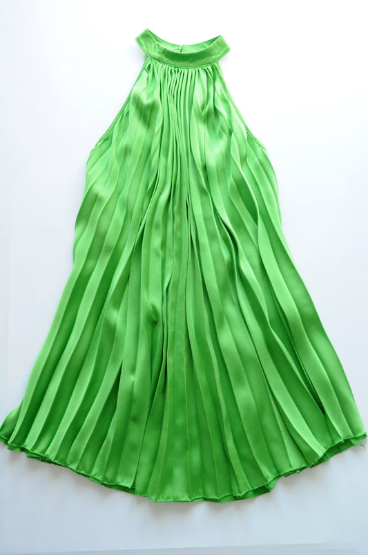 Light green pleated satin swing dress