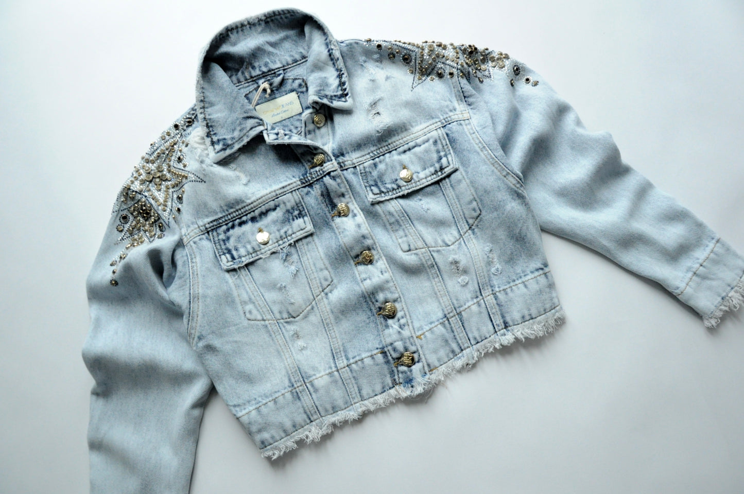 Crystal-embellished cropped denim jacket