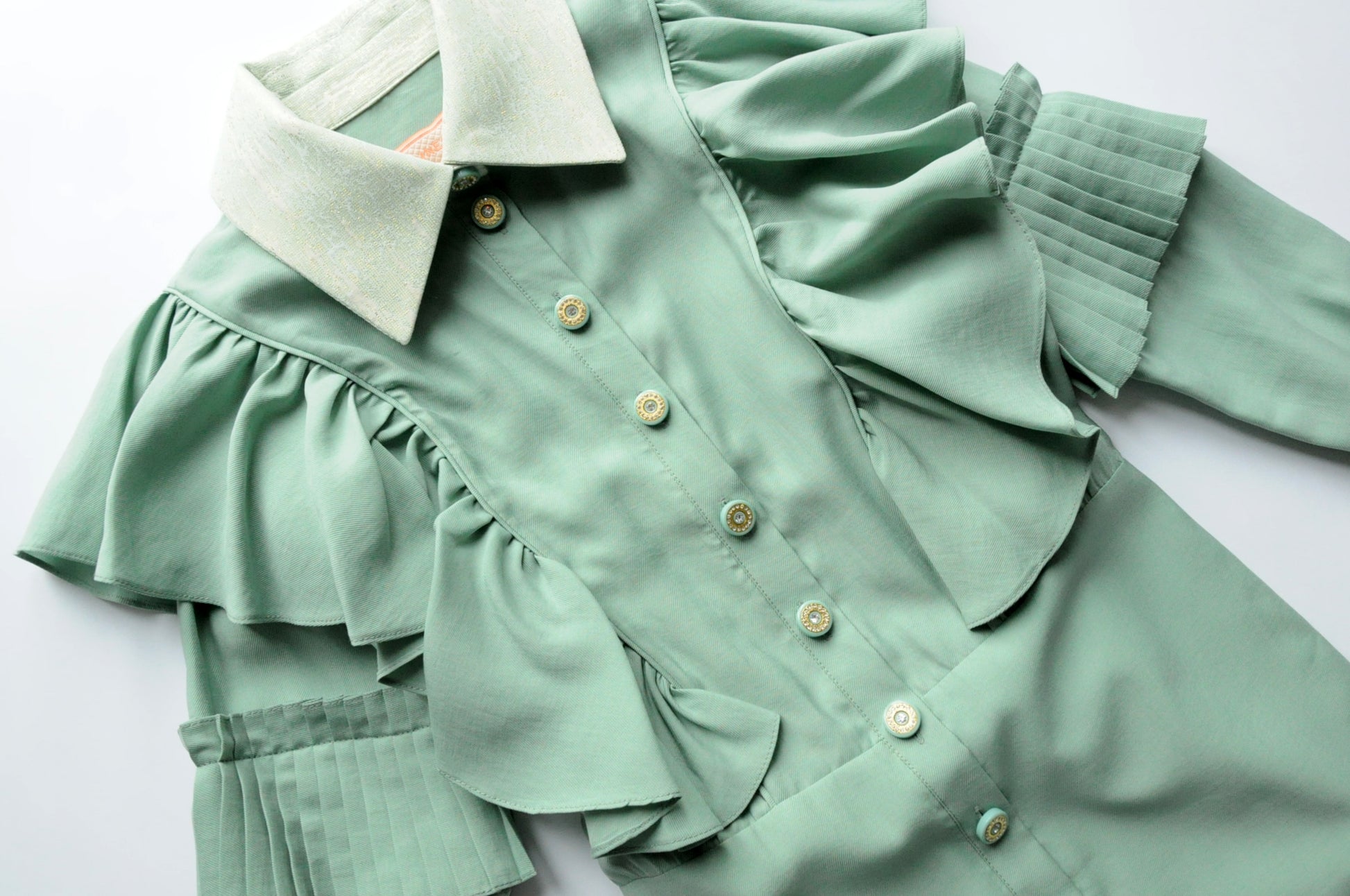 Pale teal button-embellished pleated shirt dress