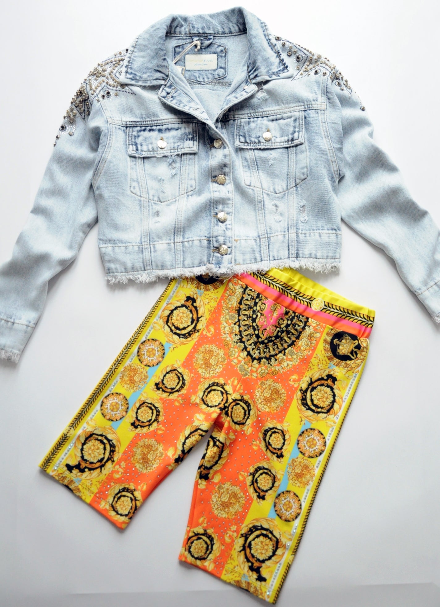 Crystal-embellished cropped denim jacket