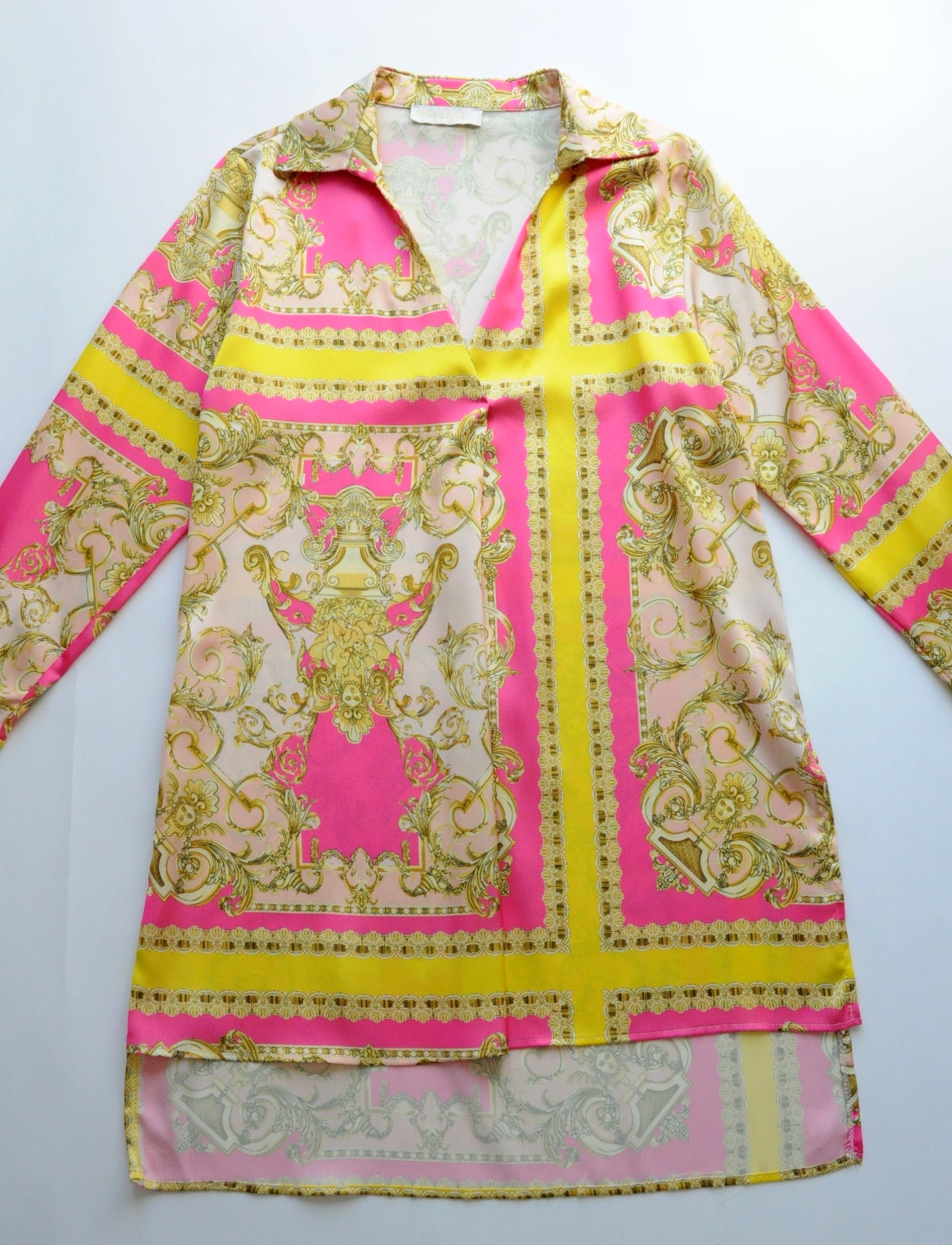 Pink and yellow barocco motif shirt silk dress