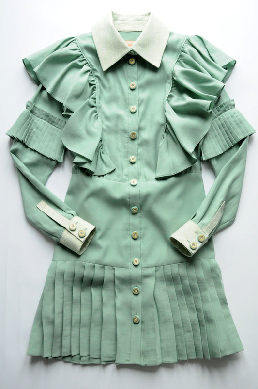 Pale teal button-embellished pleated shirt dress