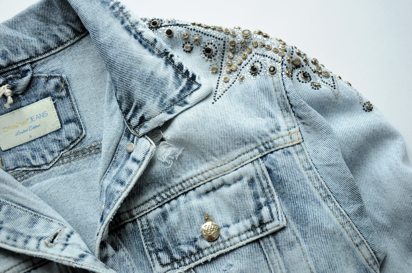 Crystal-embellished cropped denim jacket