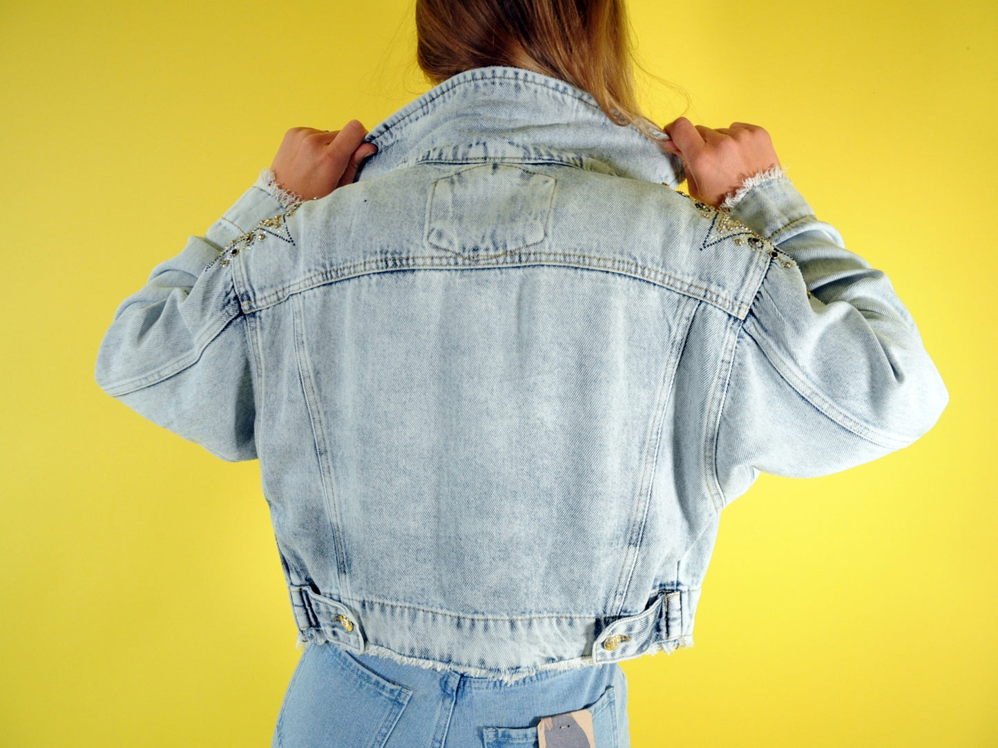 Crystal-embellished cropped denim jacket