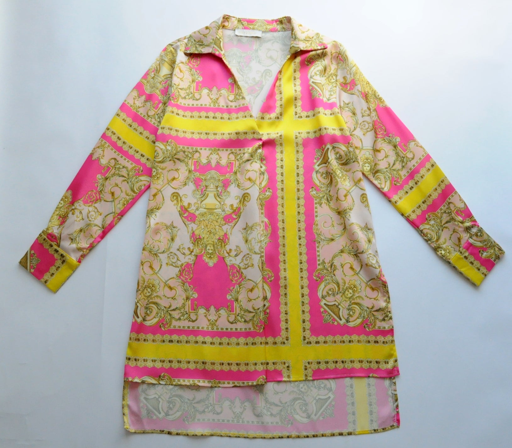 Pink and yellow barocco motif shirt silk dress