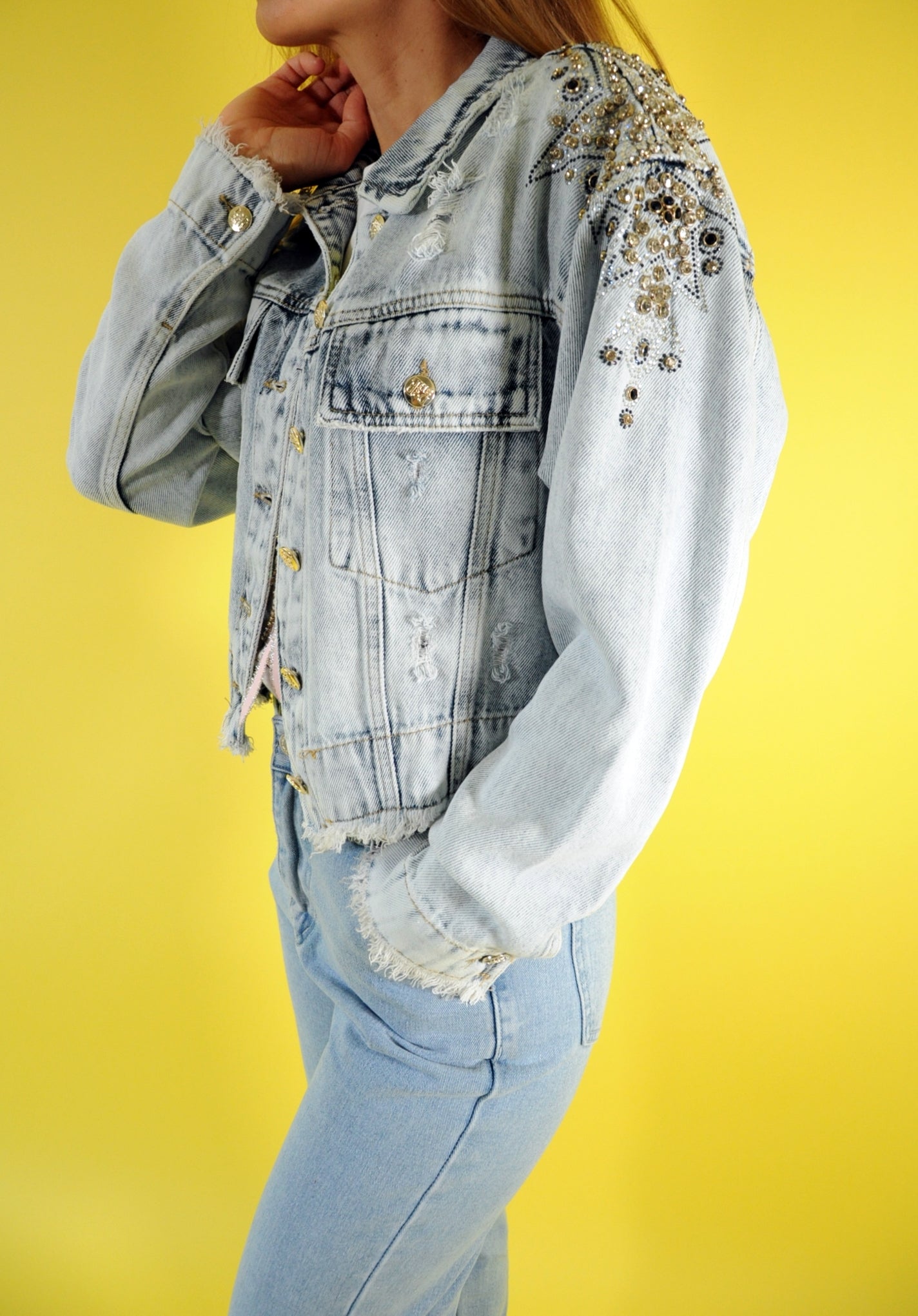 Crystal embellished denim outlet jacket