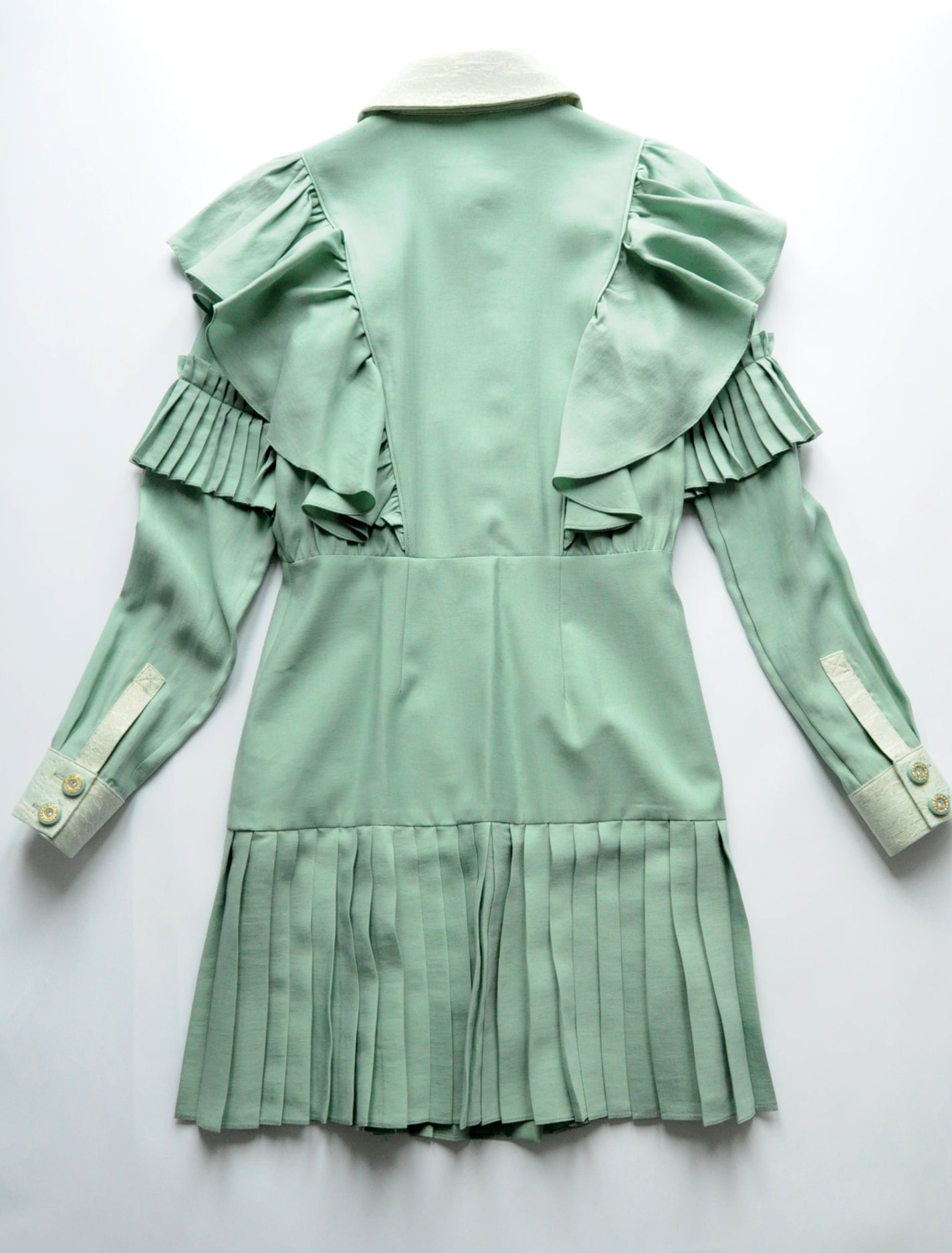 Pale teal button-embellished pleated shirt dress