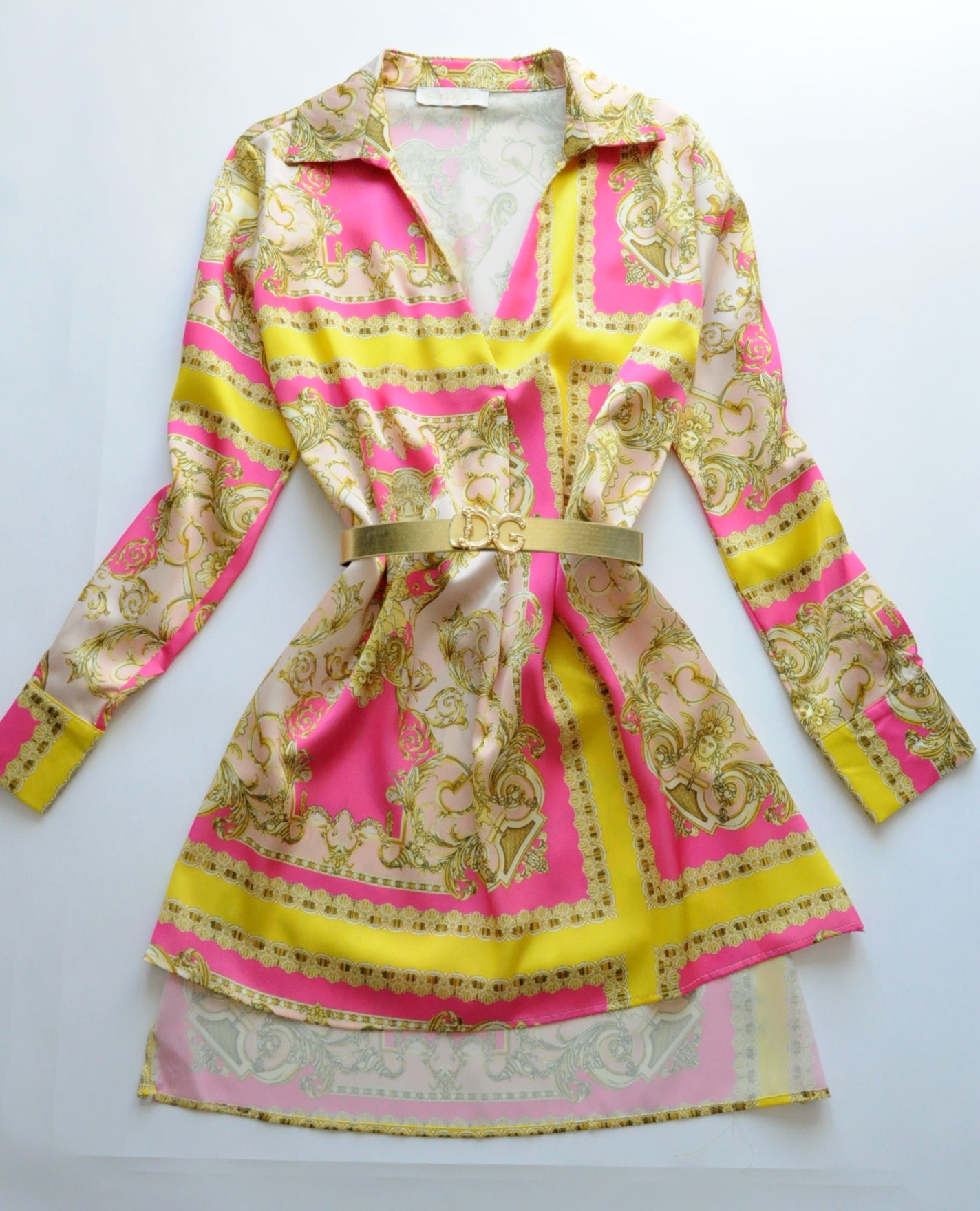 Pink and yellow barocco motif shirt silk dress