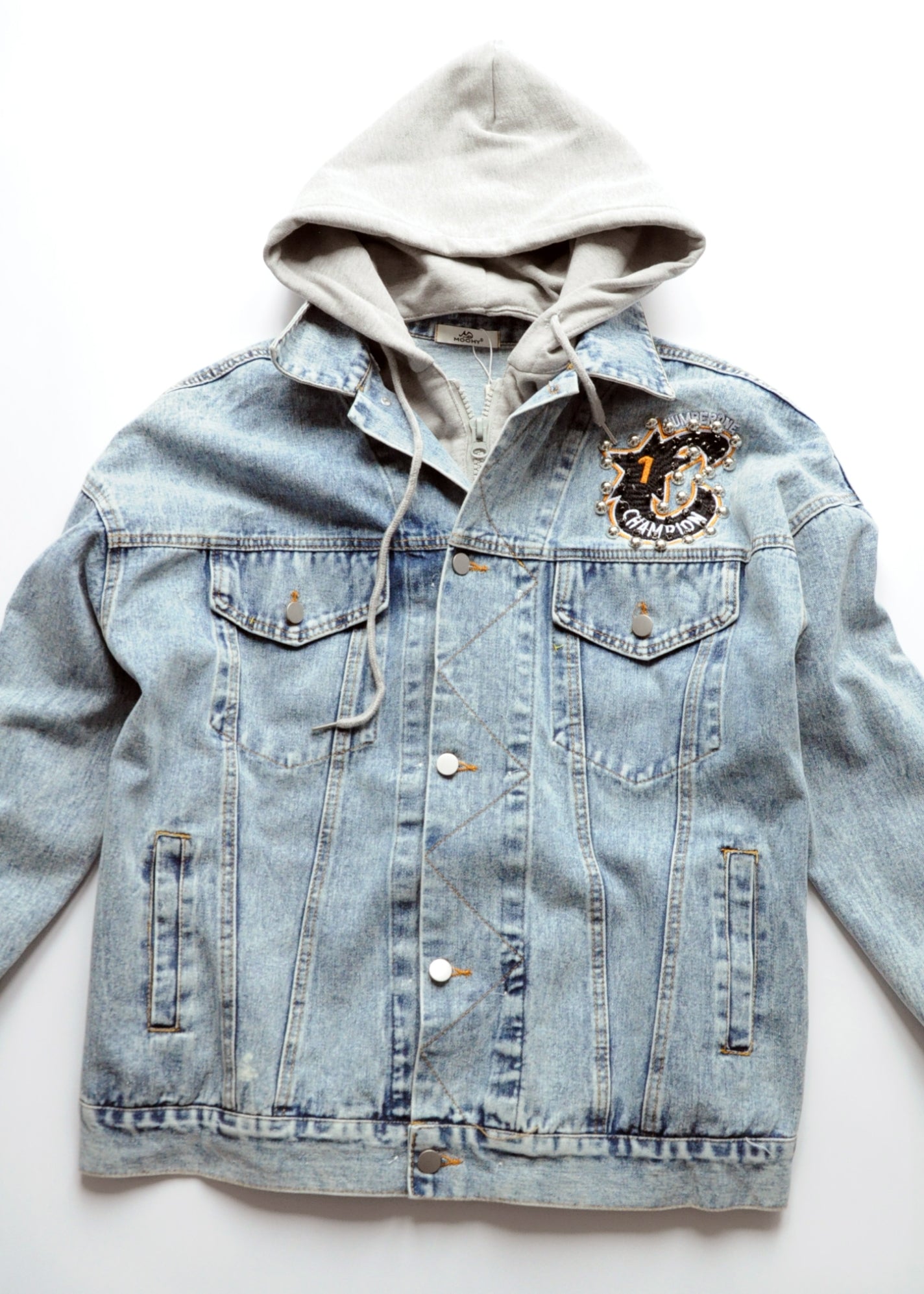 Embroidered m&m hooded denim jacket