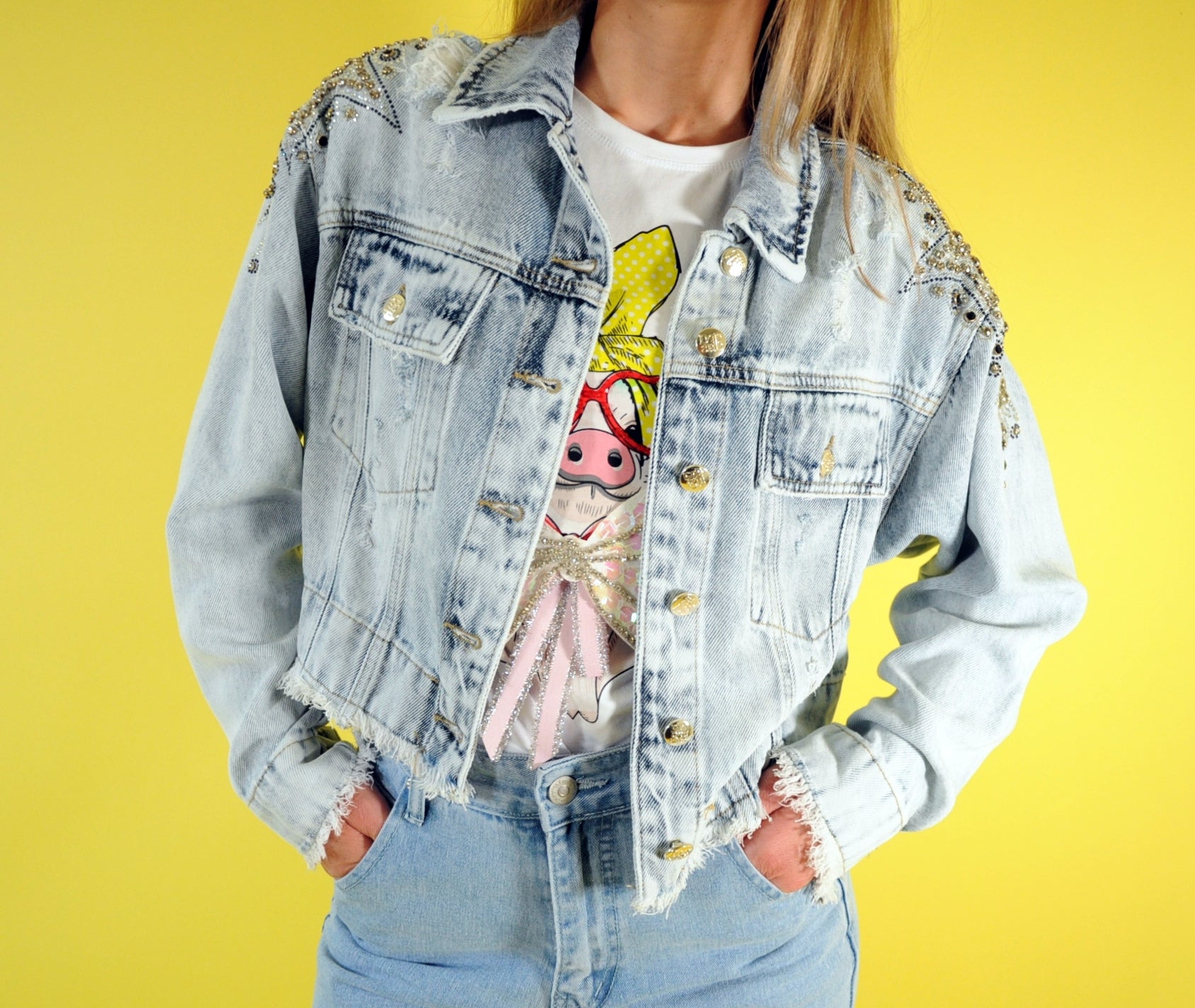 Crystal-embellished cropped denim jacket