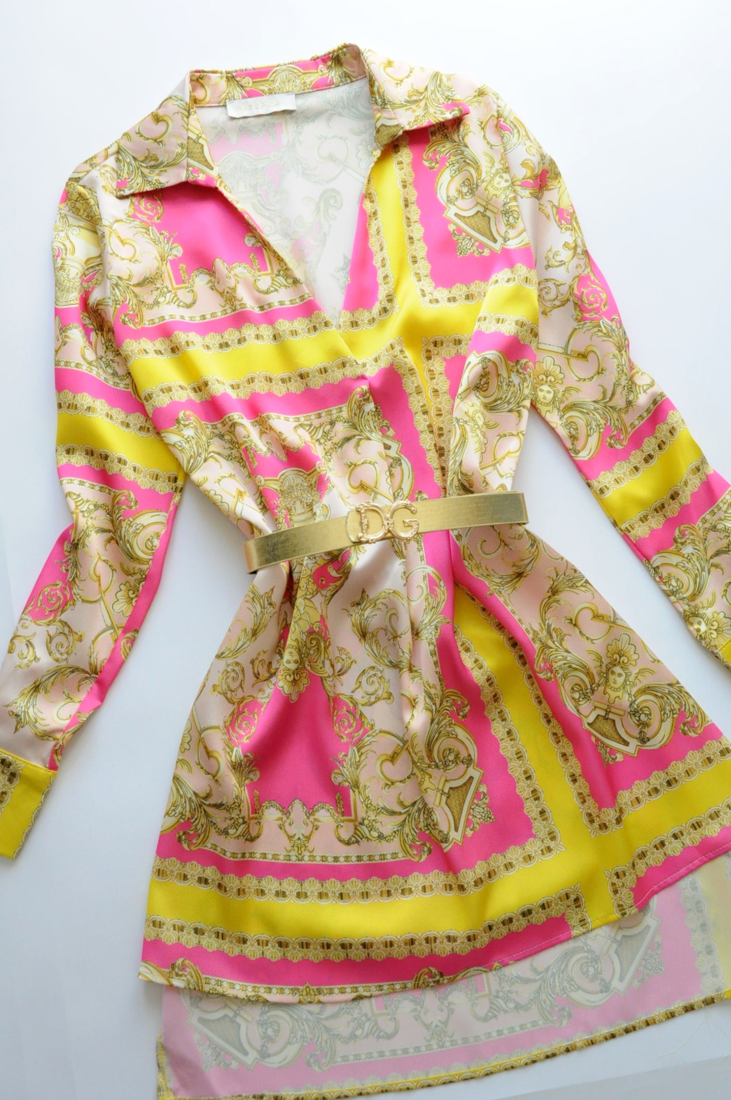 Pink and yellow barocco motif shirt silk dress