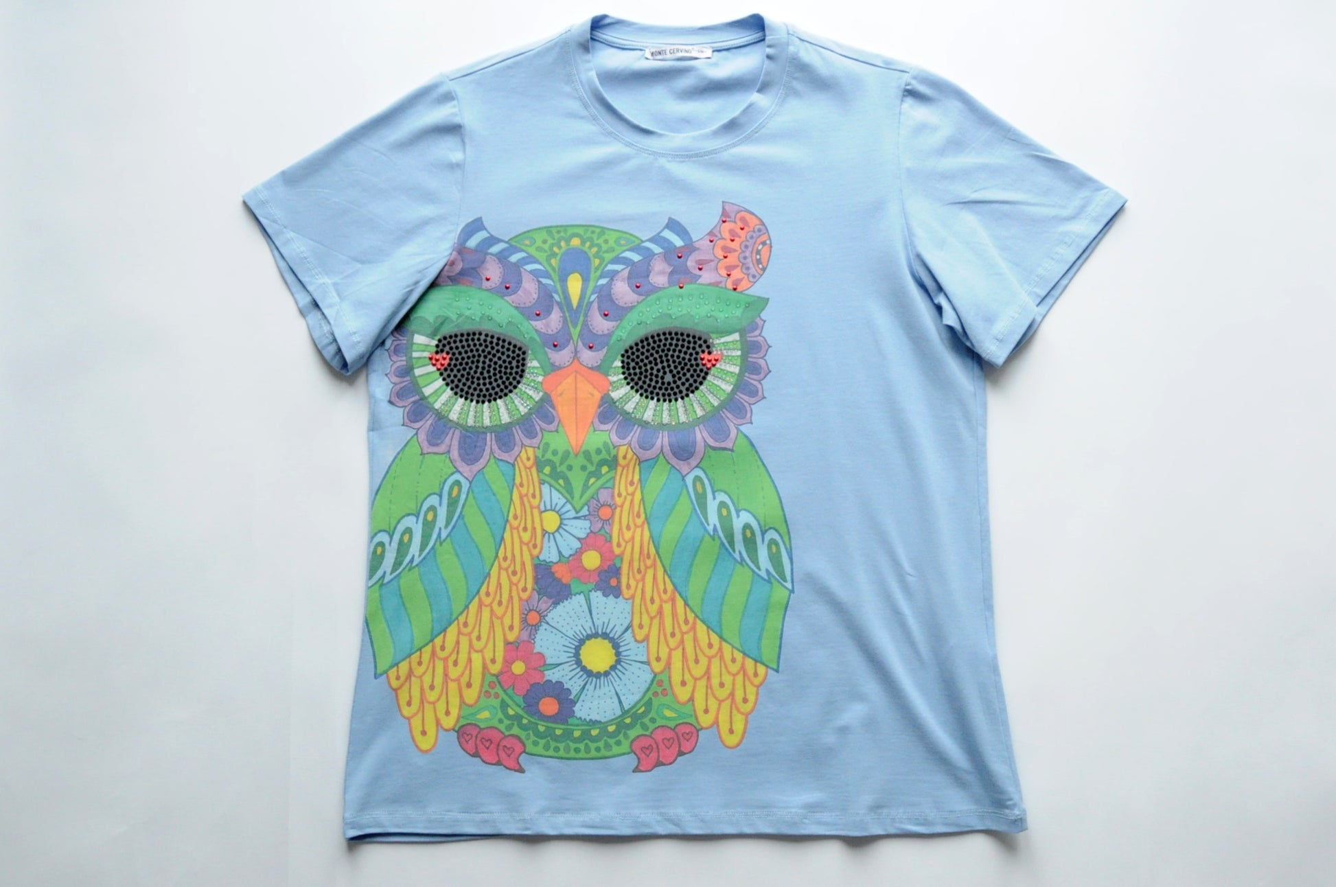 Crystal embellished Owl graphic-print blue cotton T-shirt