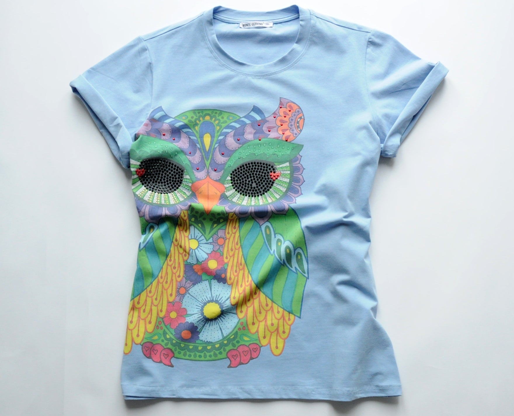 Crystal embellished Owl graphic-print blue cotton T-shirt