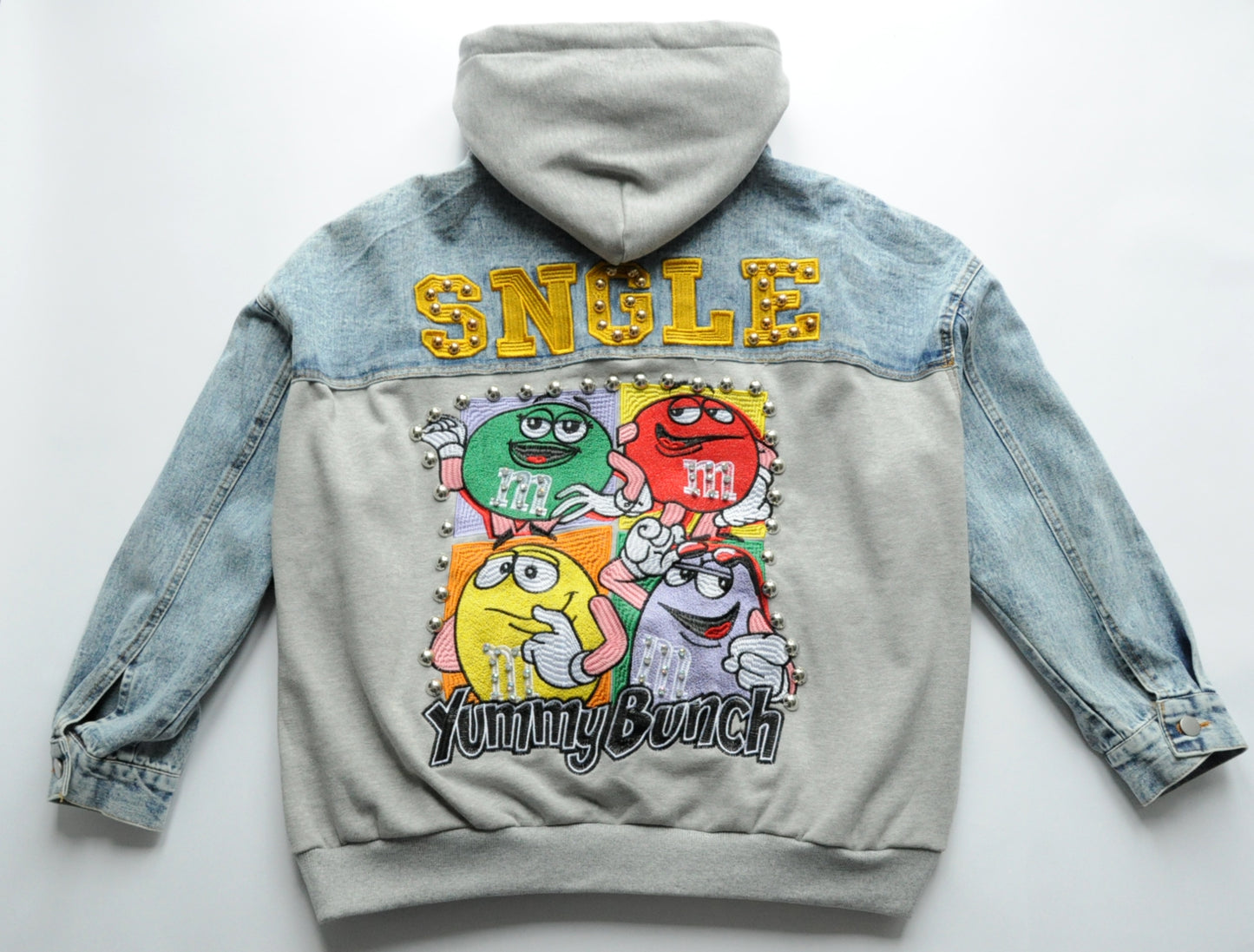 Embroidered m&m hooded denim jacket