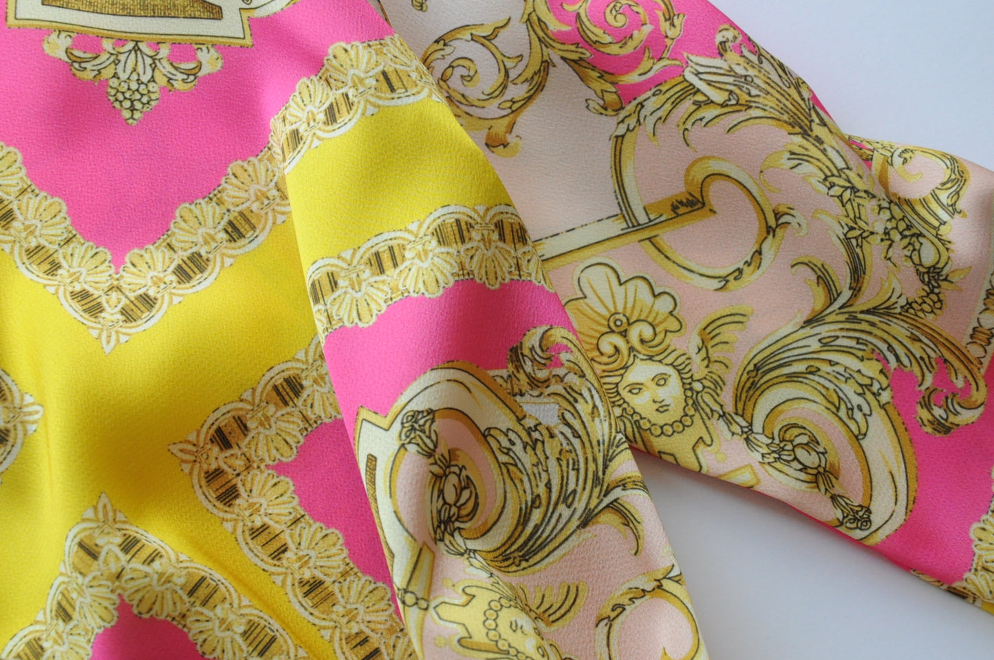 Pink and yellow barocco motif shirt silk dress