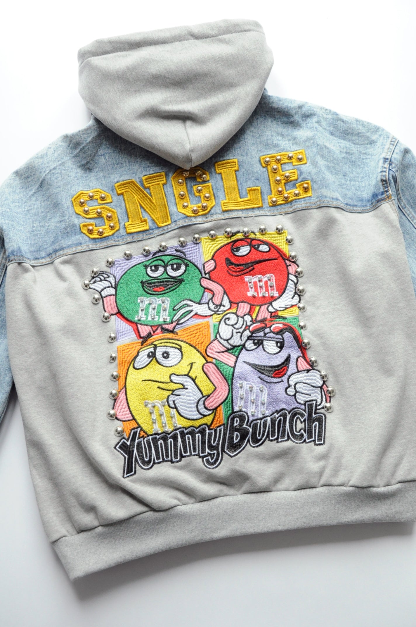 Embroidered m&m hooded denim jacket