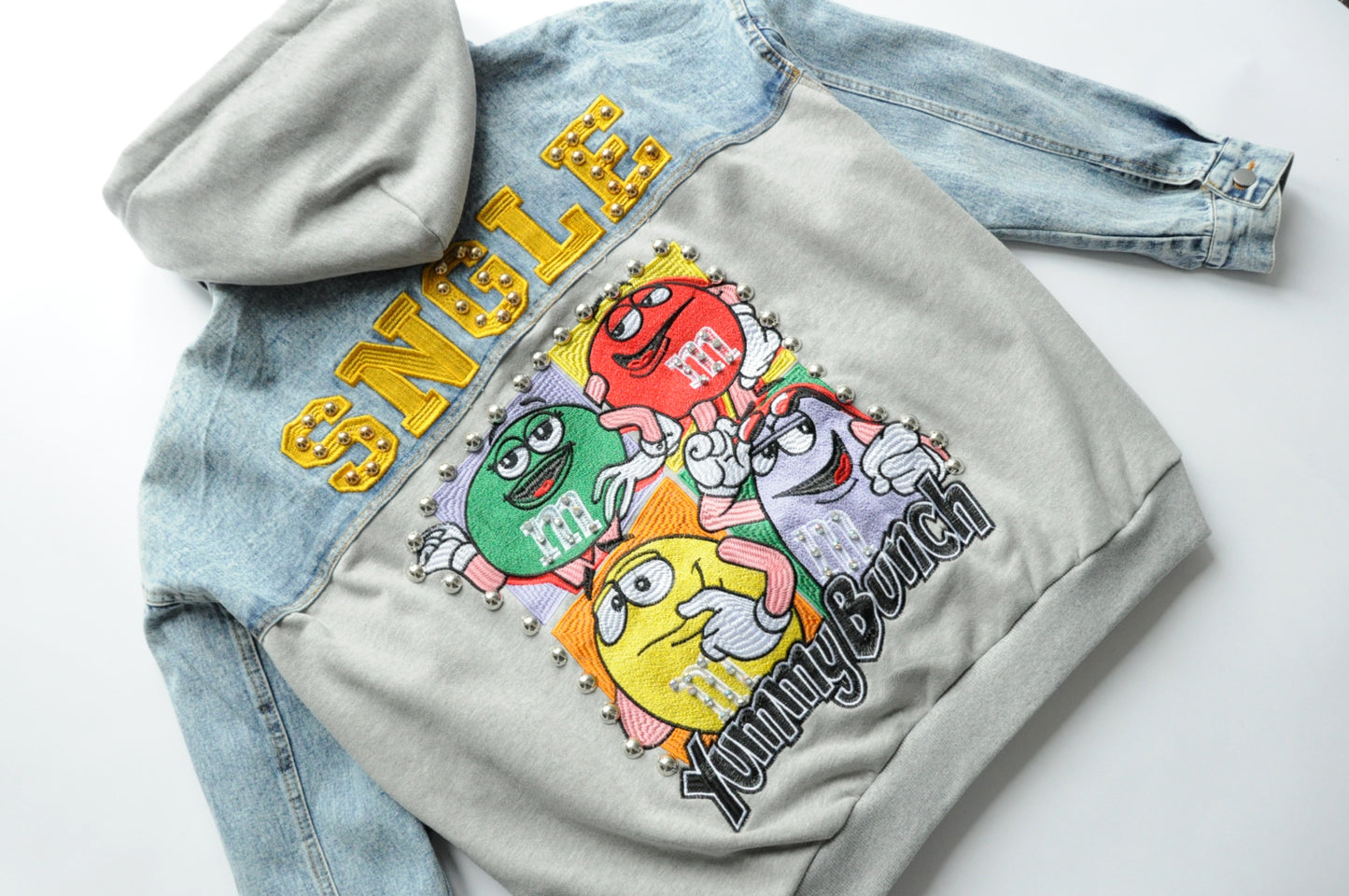 Embroidered m&m hooded denim jacket