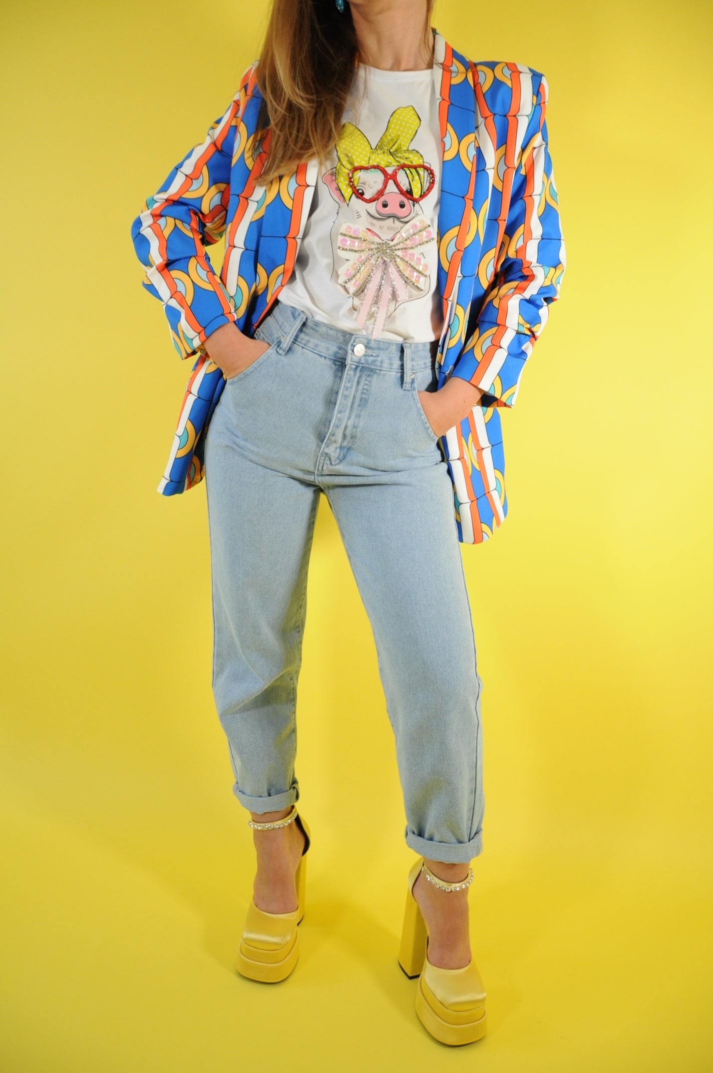 Vibrant 70's vibes printed oversized blazer blue