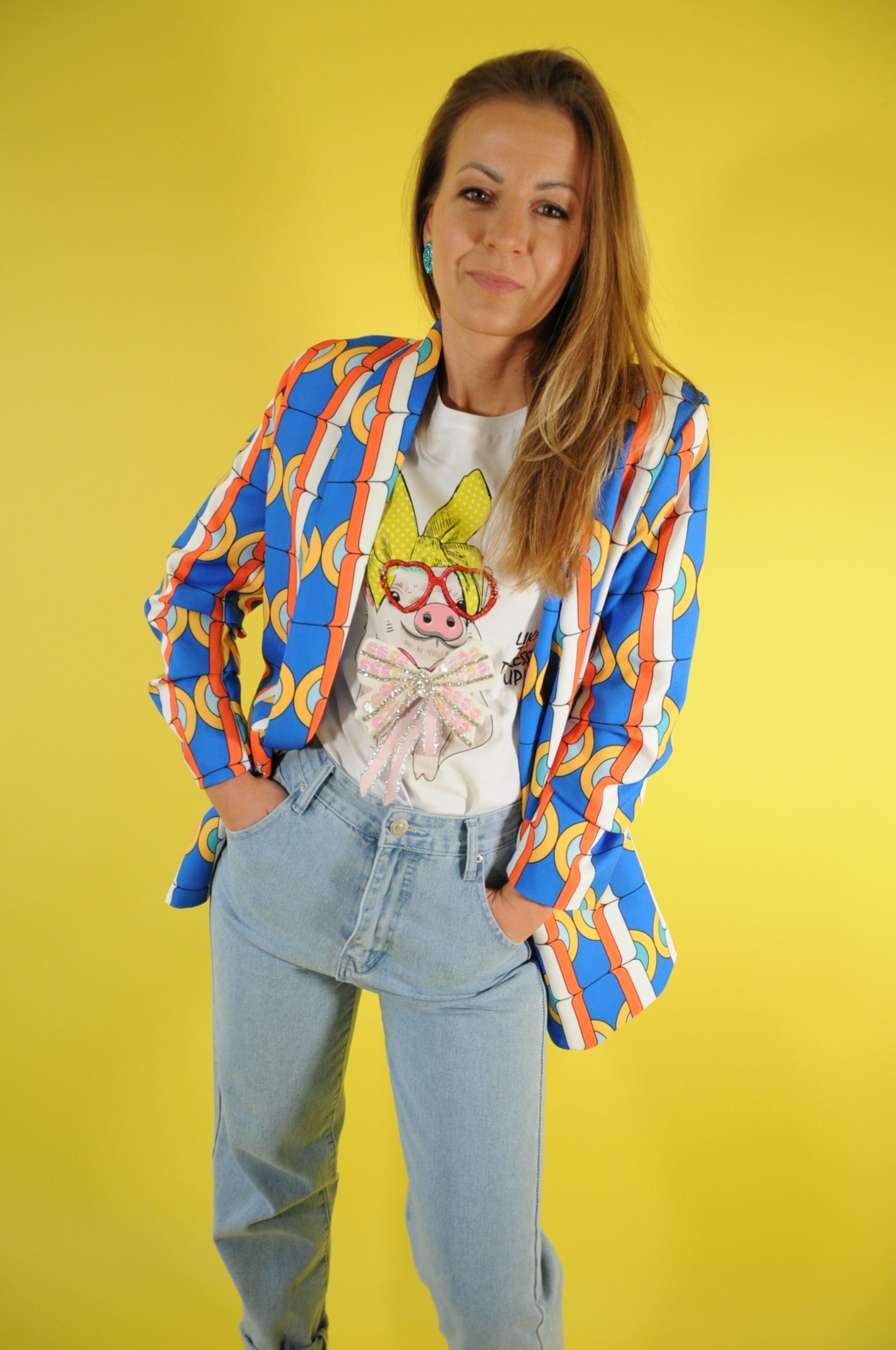 Vibrant 70's vibes printed oversized blazer blue