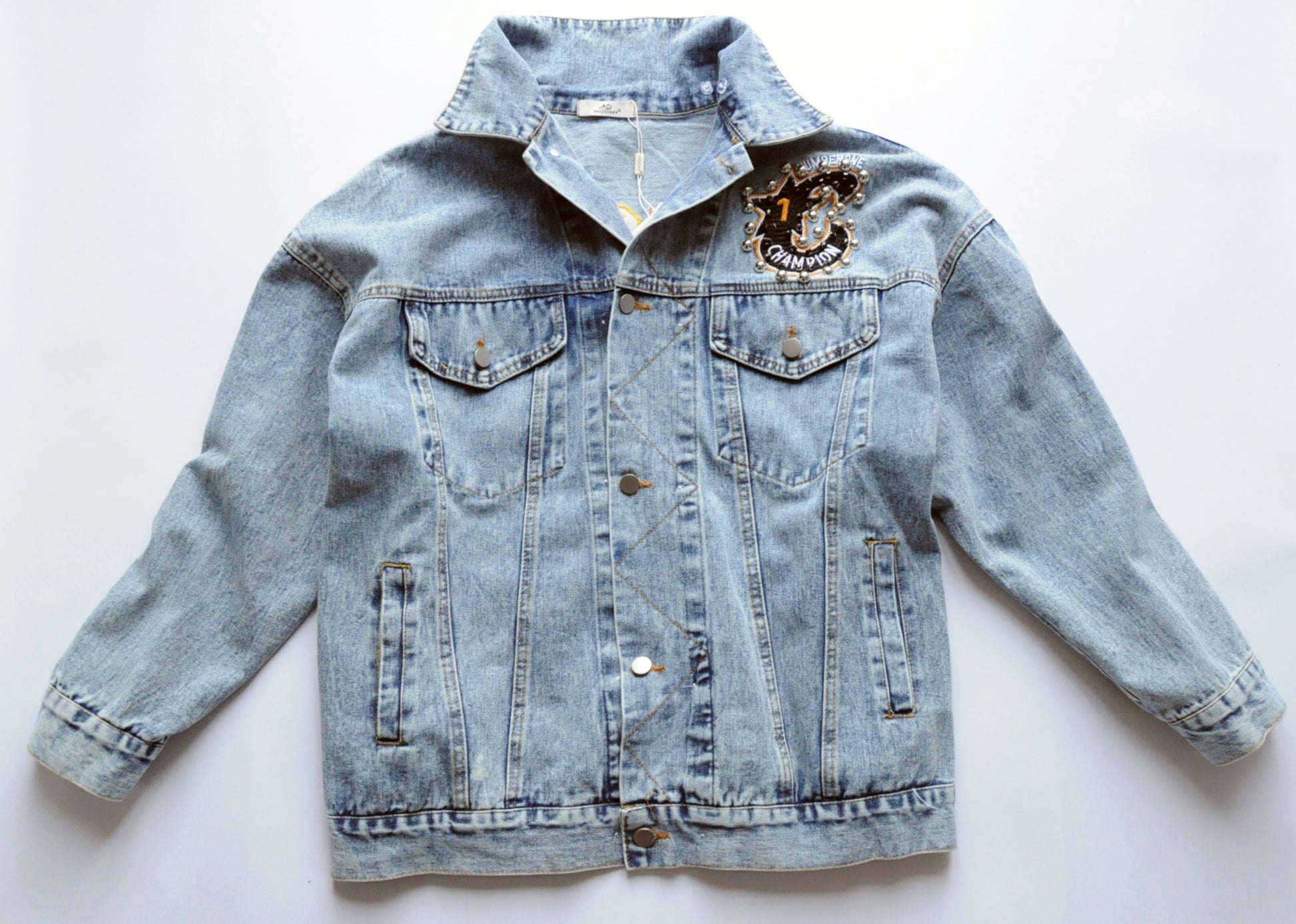 Embroidered m&m hooded denim jacket